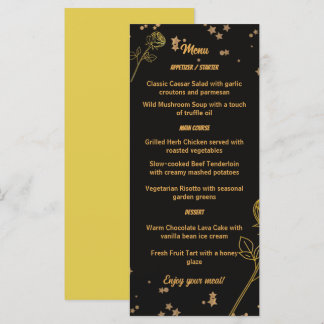 Tarjeta de menú de boda floral de oro lujoso