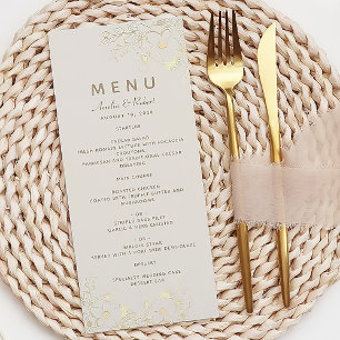 Tarjeta de menú de boda floral de oro marfil