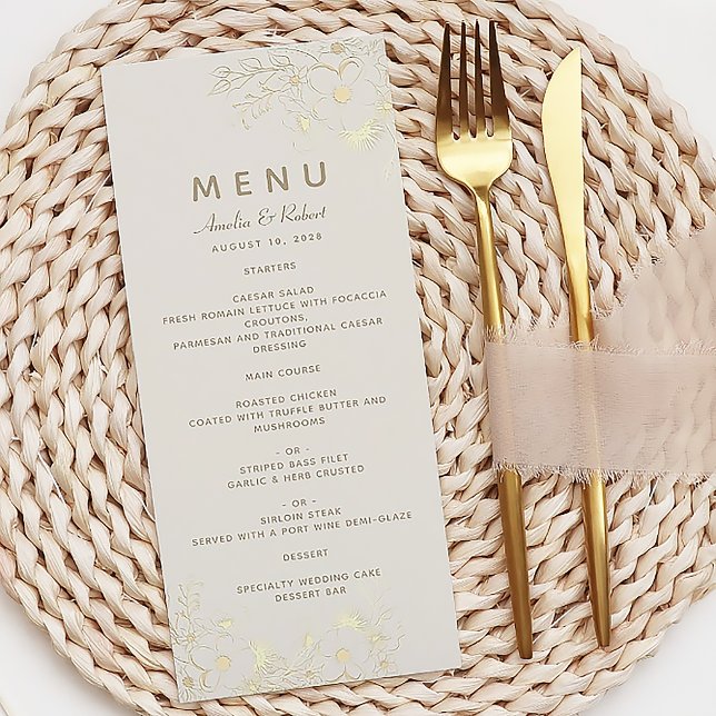 Tarjeta de menú de boda floral de oro marfil (Subido por el creador)