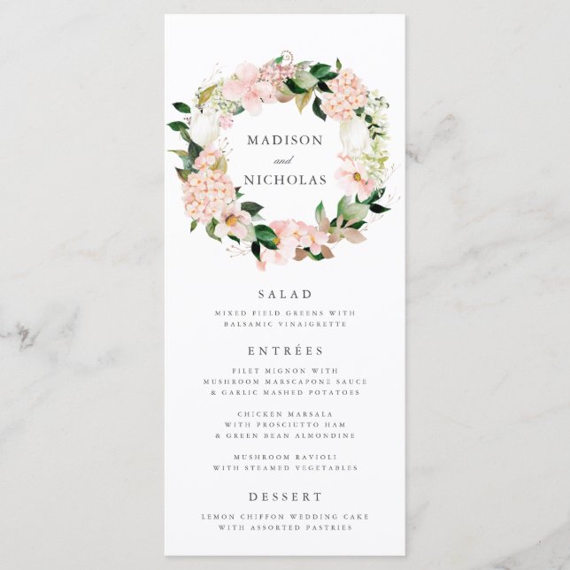 Tarjeta de menú de boda floral de primavera rosada (Anverso)
