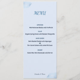 Tarjeta de menú de boda floral en acuarela azul el