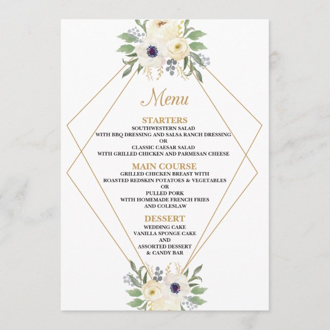 Tarjeta de menú de Boda floral-geométrico moderno (Anverso)