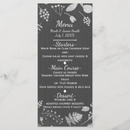 Tarjeta de menú de boda floral gris carbón y plata