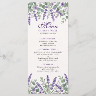 Tarjeta de menú de boda floral lavanda elegante