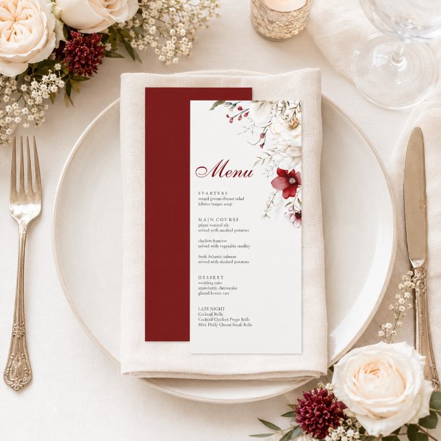 Tarjeta de menú de boda floral marfil con dorso de (Burgundy Back Ivory Floral Wedding Menu Card)