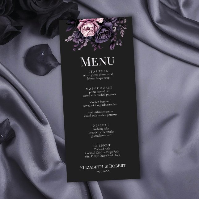 Tarjeta de menú de boda floral negra gótica (Gothic Black Floral Wedding Menu Card on a gothic wedding table with black roses)