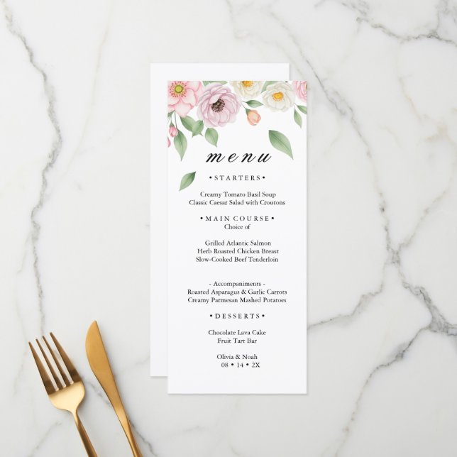 Tarjeta de menú de boda floral rosa blanca  (Anverso/Reverso In Situ)