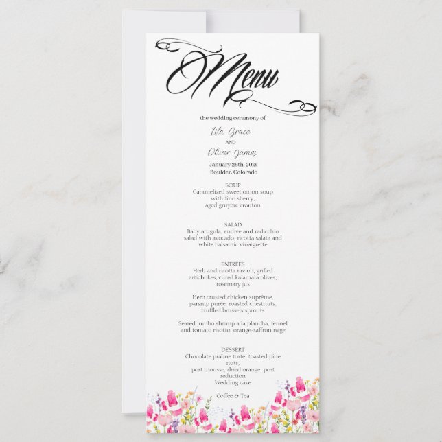 Tarjeta de menú de boda floral rosa caliente de lu (Anverso)