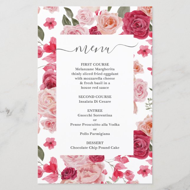 Tarjeta de menú de Boda floral rosa magenta (Anverso)