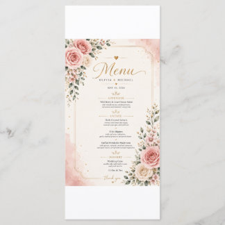 Tarjeta de menú de boda floral rosa sonrojado | R