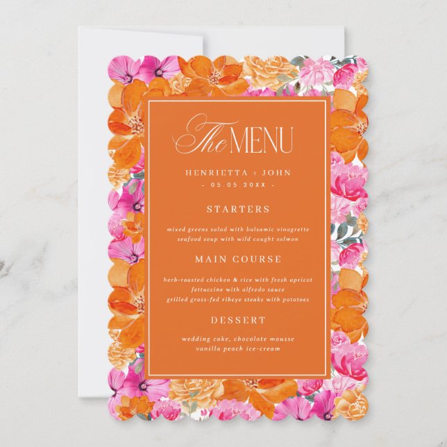 Tarjeta de menú de boda floral rosa y naranja con  (Anverso)
