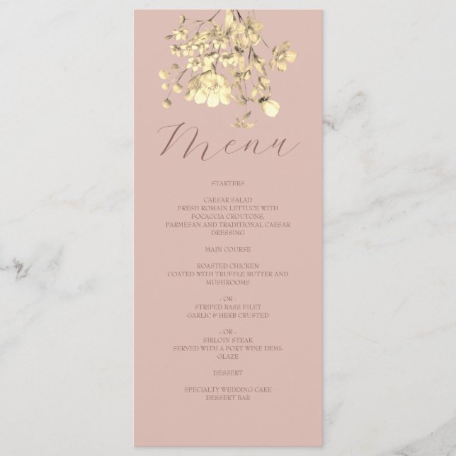 Tarjeta de menú de boda floral rosado dorado (Anverso)