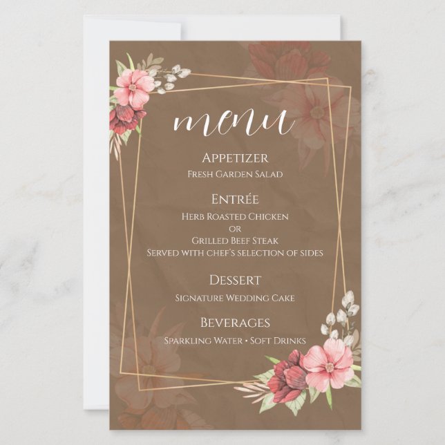 Tarjeta de menú de boda floral rústica (Anverso)