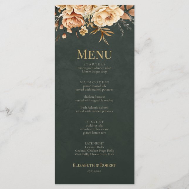 Tarjeta de menú de boda floral verde de bruja del  (Anverso)