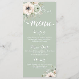 Tarjeta de menú de boda floral verde salvia Anemon