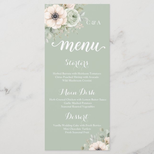 Tarjeta de menú de boda floral verde salvia Anemon (Anverso)
