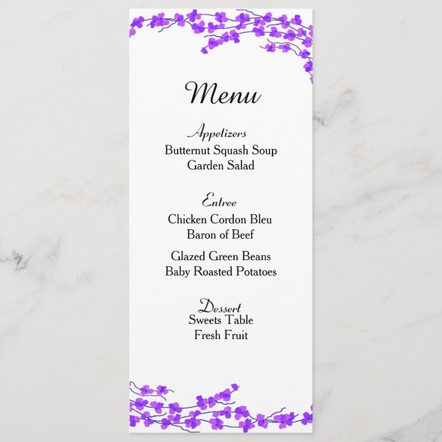 Tarjeta de menú de boda Flores Purpúreas (Anverso)