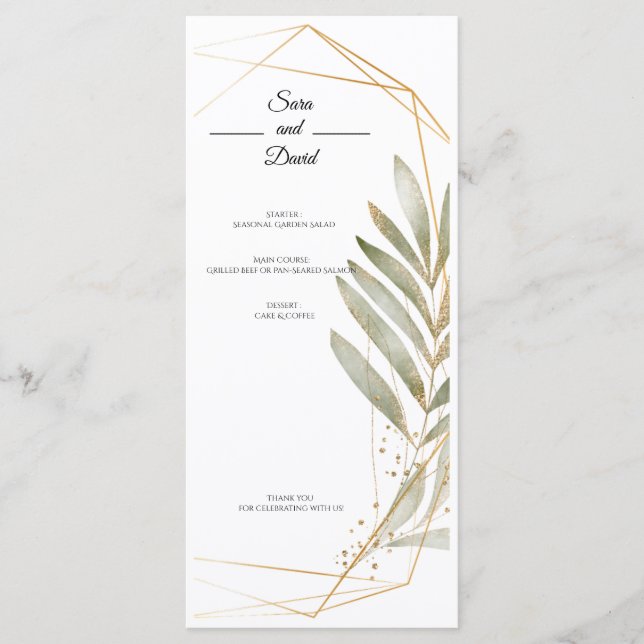 Tarjeta de menú de boda geométrica dorada con vege (Anverso)