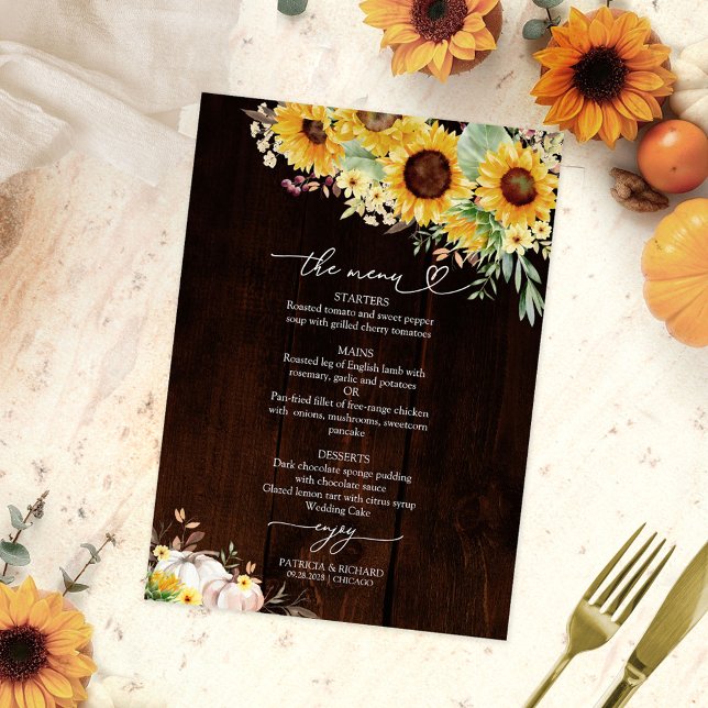 Tarjeta de menú de boda girasol calabaza burdeos (Subido por el creador)