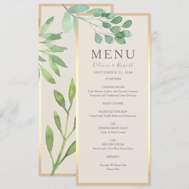 Tarjeta de menú de boda Greenery Gold (Anverso / Reverso)