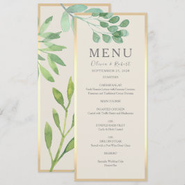 Tarjeta de menú de boda Greenery Gold