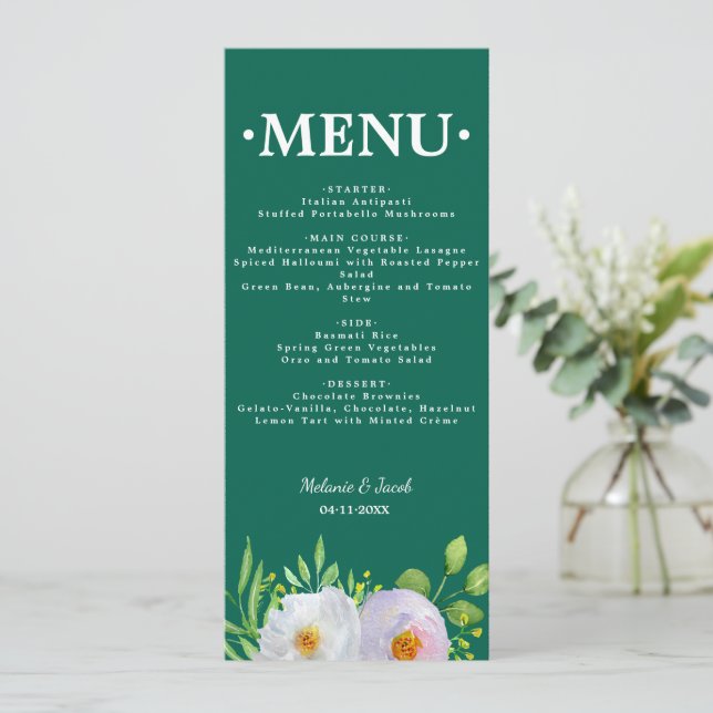Tarjeta de menú de boda imprimible floral verde bo (Anverso de pie)