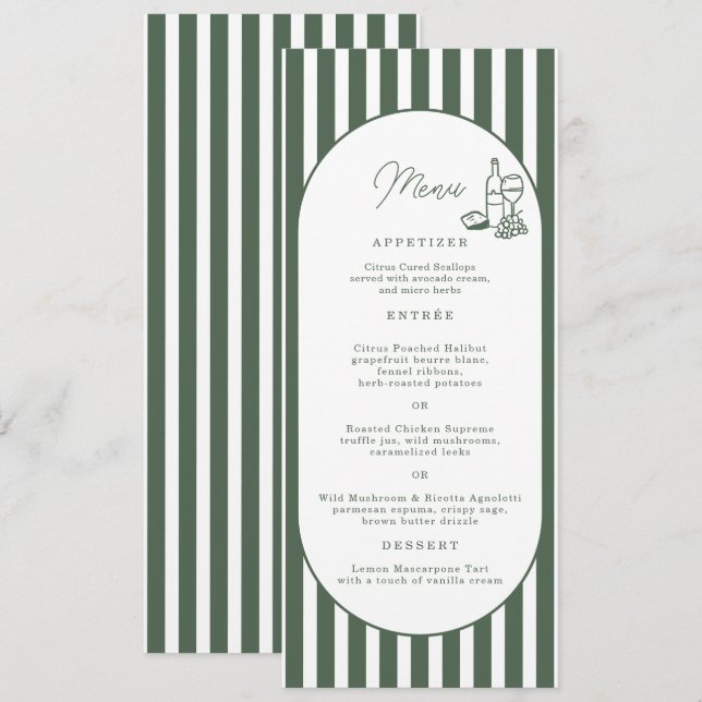 Tarjeta de menú de boda larga Cabana con rayas ver (Anverso / Reverso)