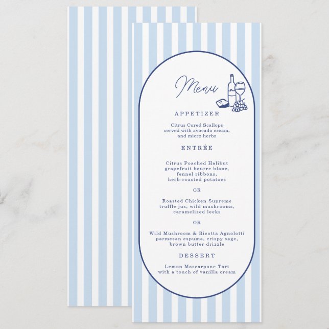 Tarjeta de menú de boda larga con raya de cabaña a (Anverso / Reverso)