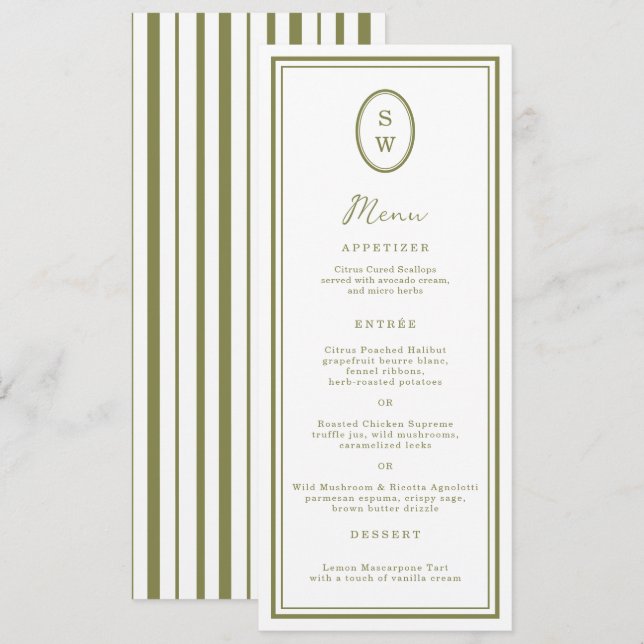 Tarjeta de menú de boda larga monograma verde oliv (Anverso / Reverso)