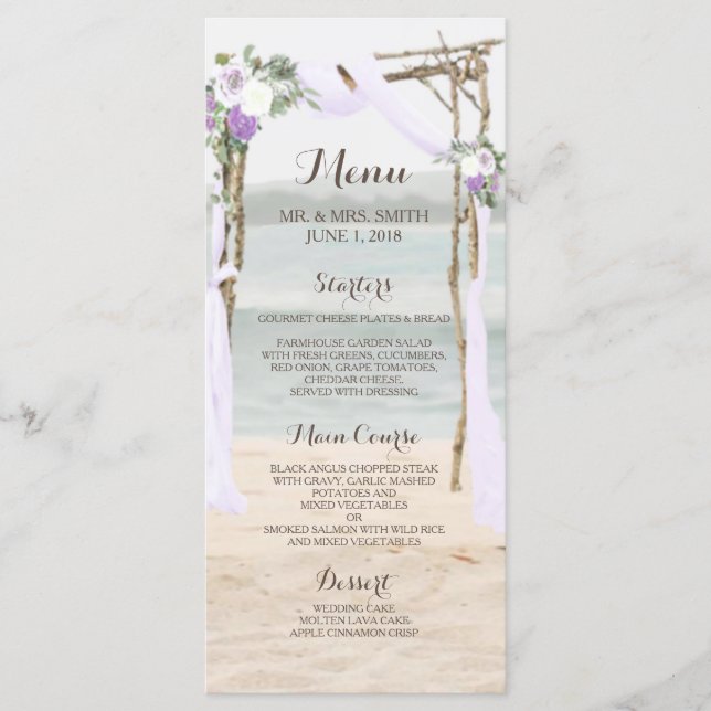 Tarjeta de menú de boda lavanda Beach Arbor (Anverso)