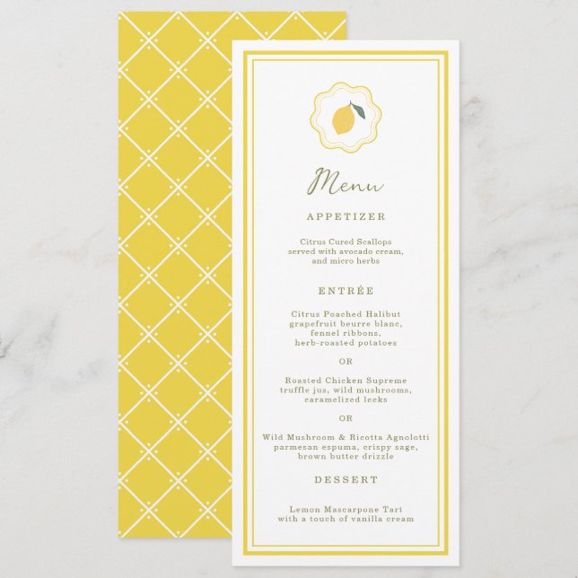 Tarjeta de menú de boda Minimal Lemon Amalfi Coast (Anverso / Reverso)