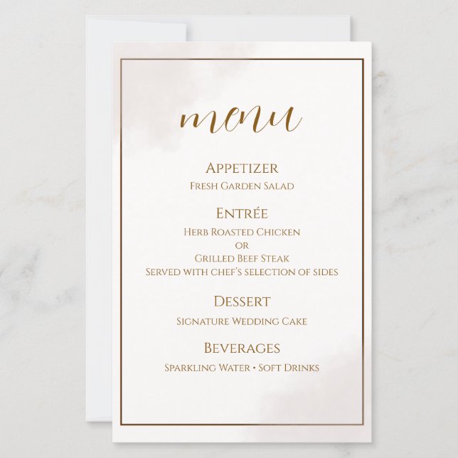 Tarjeta de menú de boda minimalista dorada (Anverso)