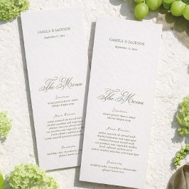 Tarjeta de menú de boda moderna de marfil y verde