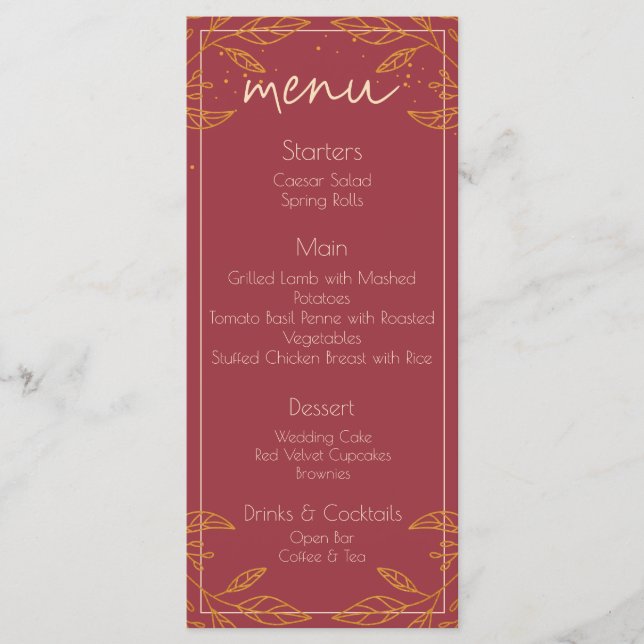Tarjeta de menú de boda moderna elegante burgundy  (Anverso)