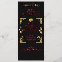 Tarjeta de menú de boda negro y dorado