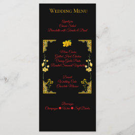 Tarjeta de menú de boda negro y dorado