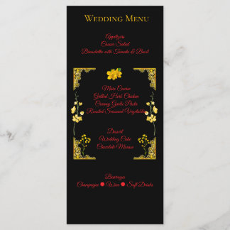 Tarjeta de menú de boda negro y dorado