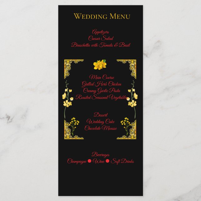 Tarjeta de menú de boda negro y dorado (Anverso)