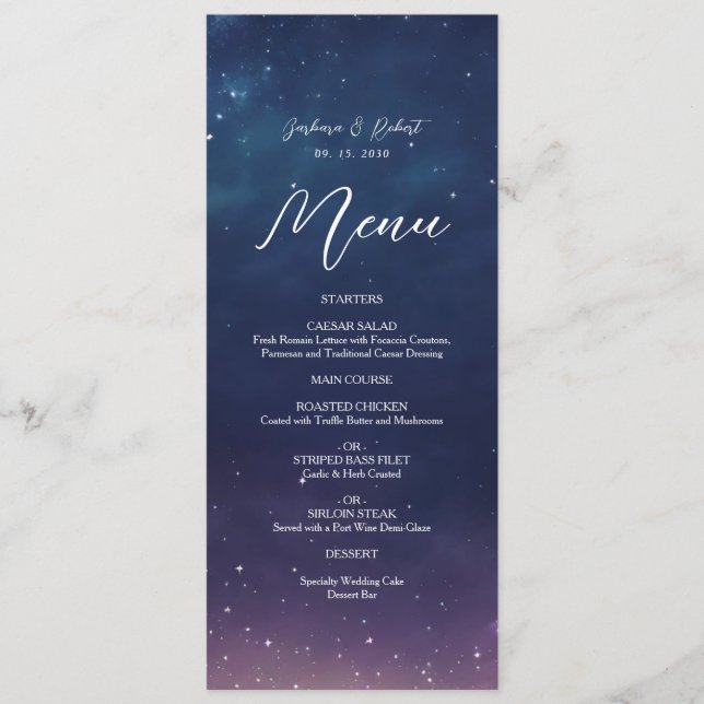 Tarjeta de menú de boda Noche estrellada celestial (Anverso)