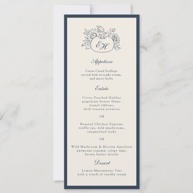 Tarjeta de menú de boda otoñal Ivory Navy (Anverso)