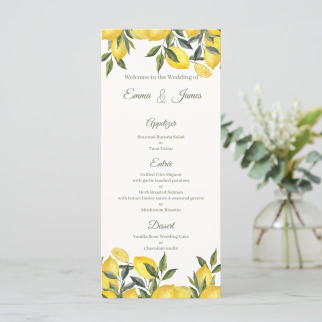 Tarjeta de menú de boda personalizada Limón Italia (Anverso de pie)