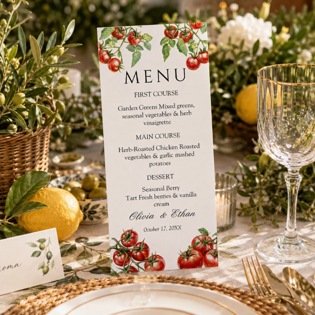 Tarjeta de Menú de Boda Pomodoro Italiano (Elegant Italian pomodoro wedding menu card)