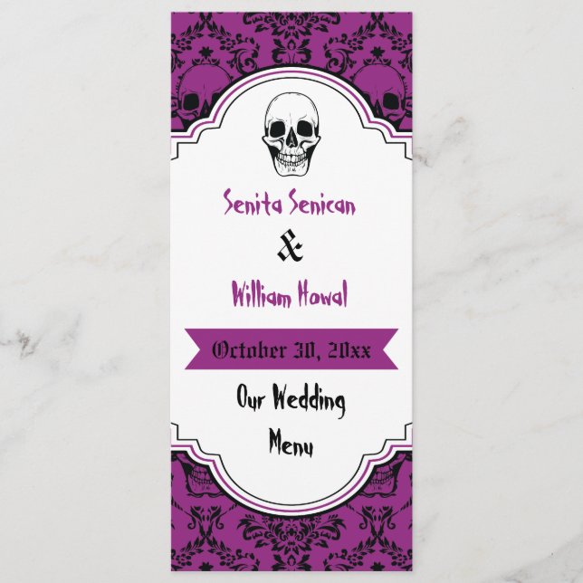 Tarjeta de menú de boda púrpura y negra de los cal (Anverso)