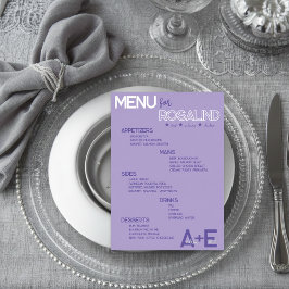Tarjeta de menú de boda púrpura y plata con nombre