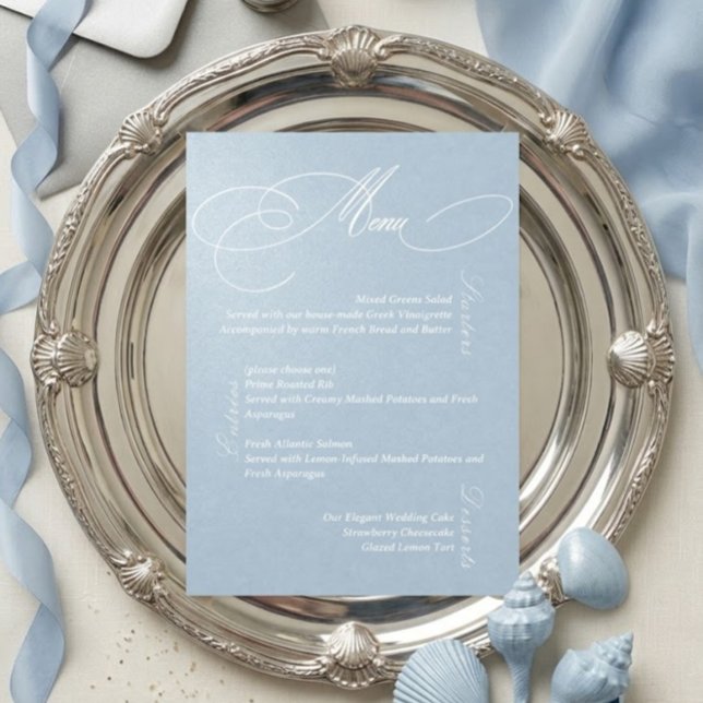 Tarjeta de menú de boda romántica azul polvoriento (Subido por el creador)