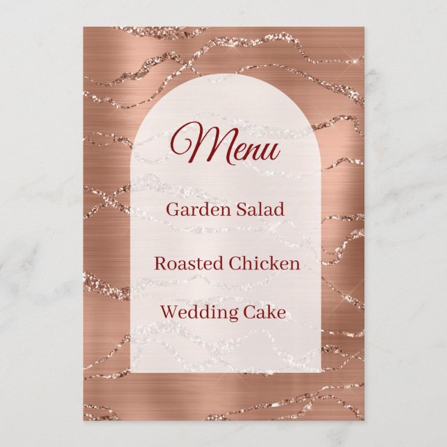 Tarjeta de menú de boda rosa dorado brillo blanco  (Anverso)