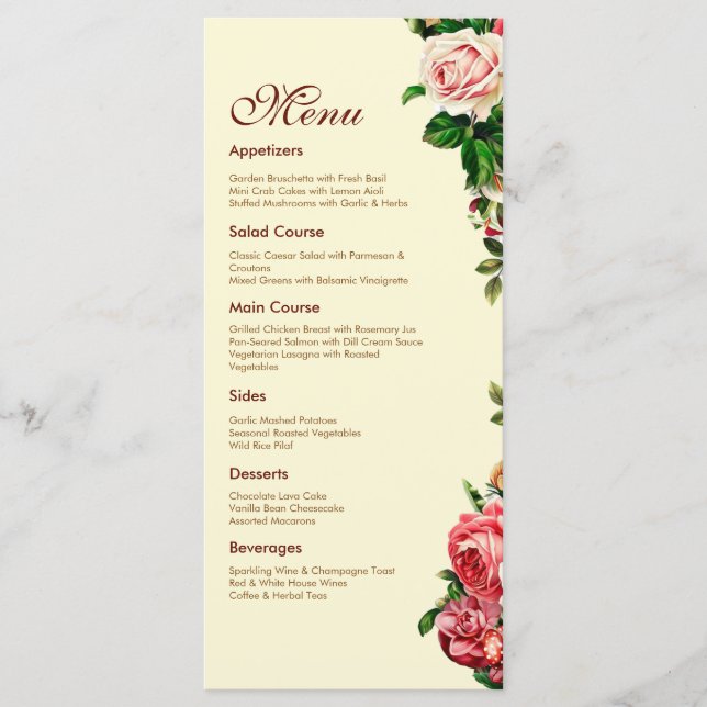 Tarjeta de menú de boda Rosa elegante (Anverso)