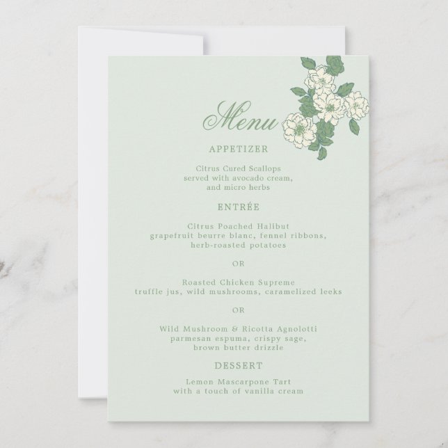 Tarjeta de menú de boda Sage Green 5x7 (Anverso)