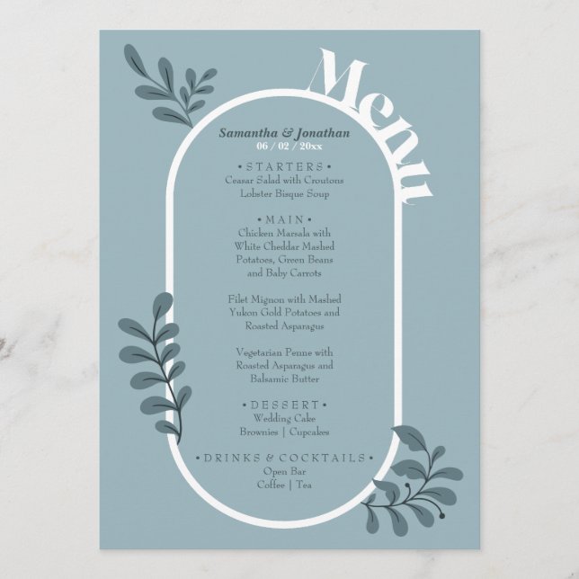 Tarjeta de menú de boda simple azul rococó (Anverso)