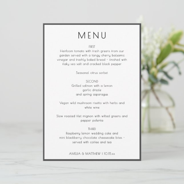 Tarjeta de menú de boda simple blanca moderna eleg (Anverso de pie)